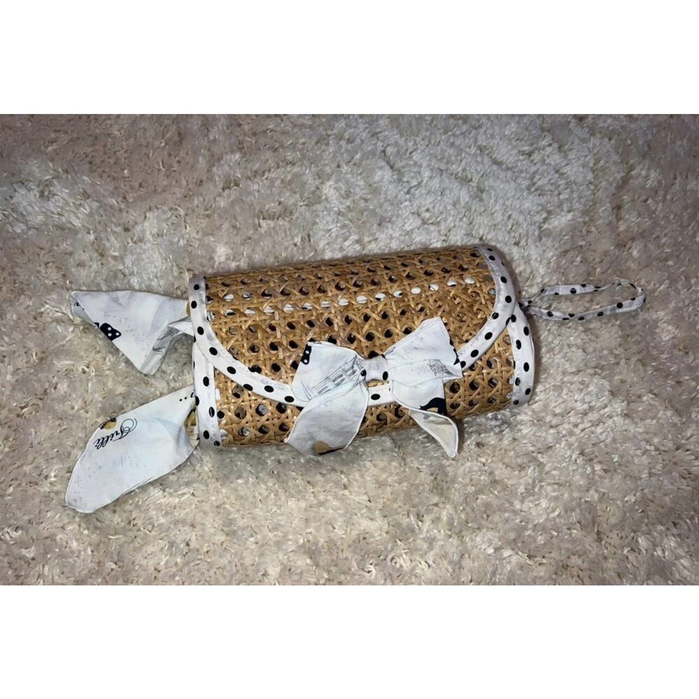 MONNALISA Girls Wicker Cylinder Bag Polka Dot Scarf Mini Basket Crossbody Purse